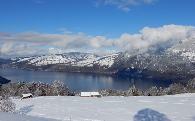 Thunersee und verschneite Berge